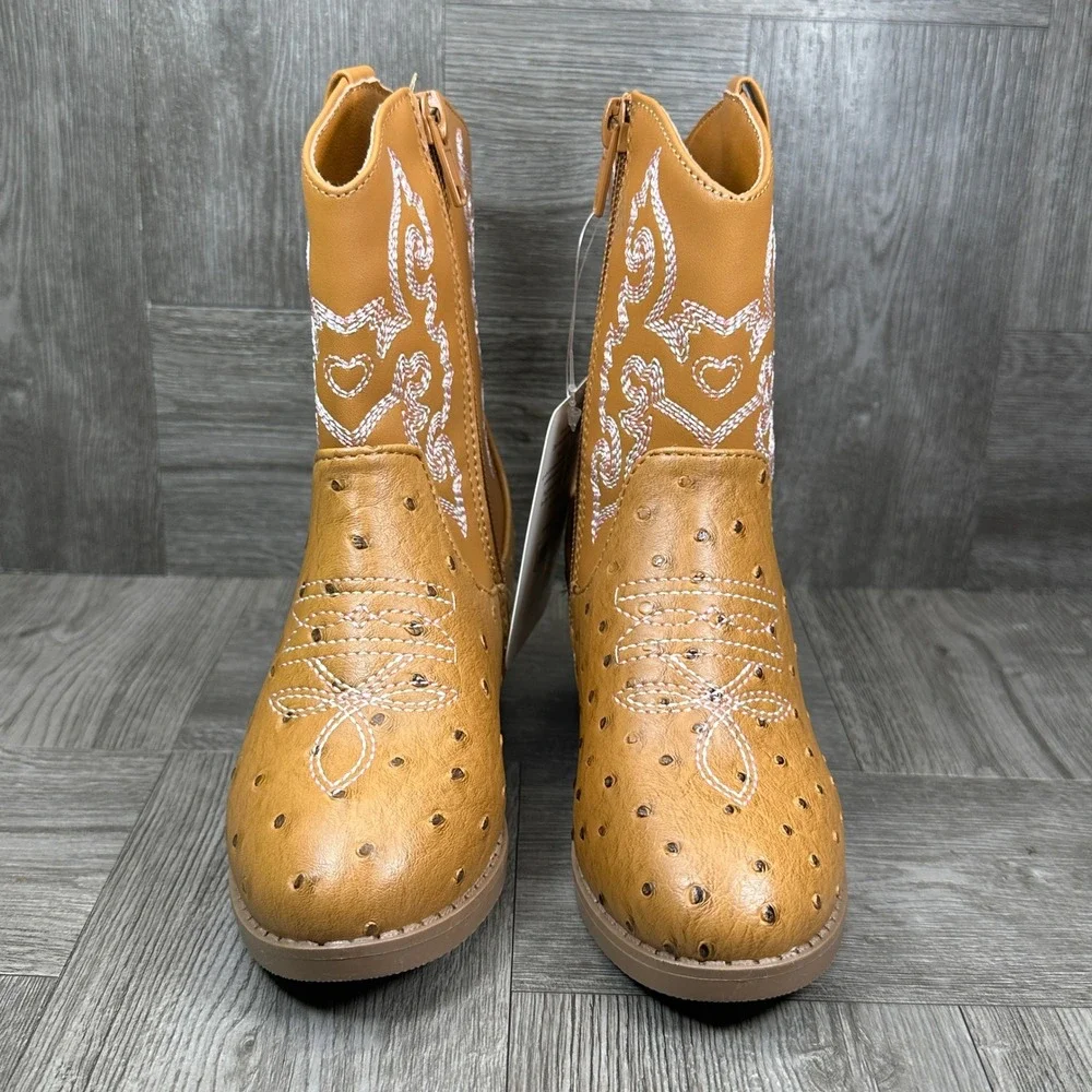 Pawz Western Boots Kids Size 10 Brown Ostrich Print Embroidered Zipper NEW